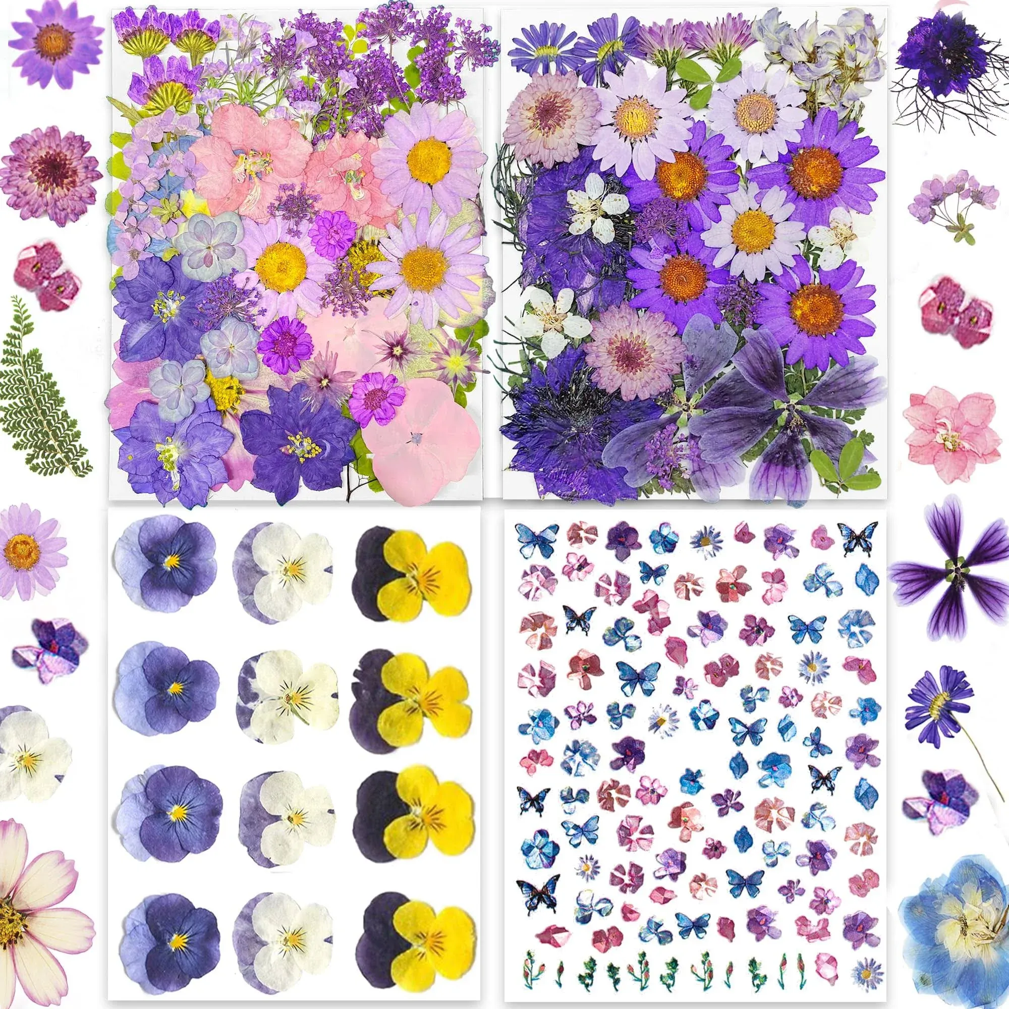 31 Types 143PCS Purple Dried Pressed Flowers with Butterfly Stickers - Real N...