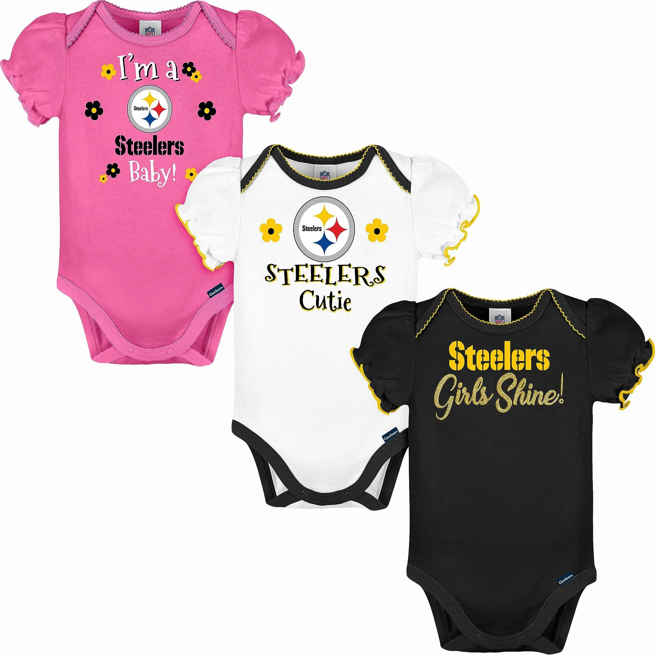 Pittsburgh Steelers Baby Girl Onesie Bodysuit 3 Pk - Gerber NFL NB 3-6m 6-12m