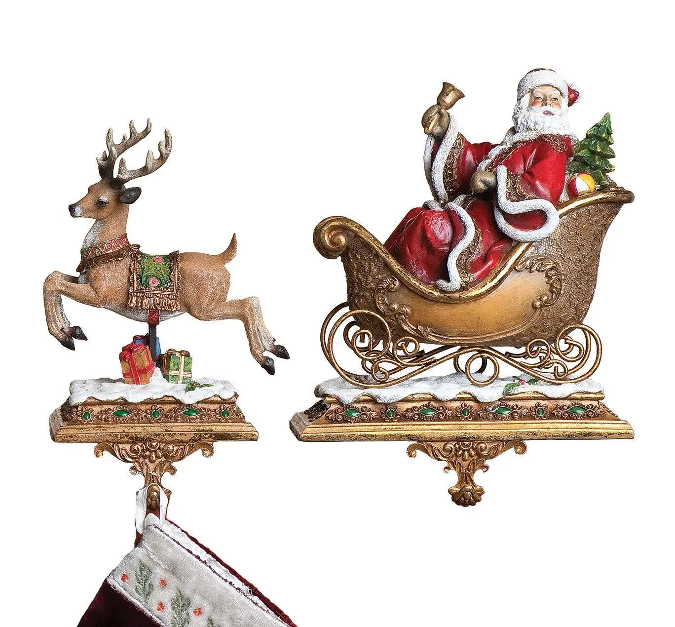 Joseph's Studio by Roman - Set of 2 Santa with a Reindeer Stocking Holder, 9.25" H, Resin and Stone, Christmas Decoration, Collection, Durable, Long Lasting