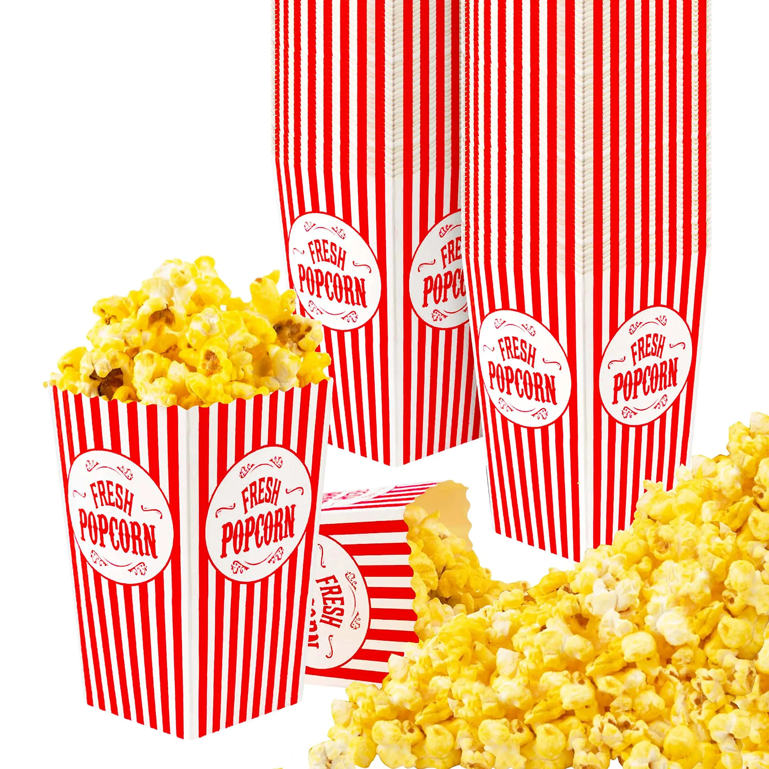 [25 Pack] Movie Theater Popcorn Boxes Disposable Red & White Striped - 30 oz Capacity - Vintage Snack Box Concession and Carnival Party Supplies, Individual Popcorn Bucket Containers