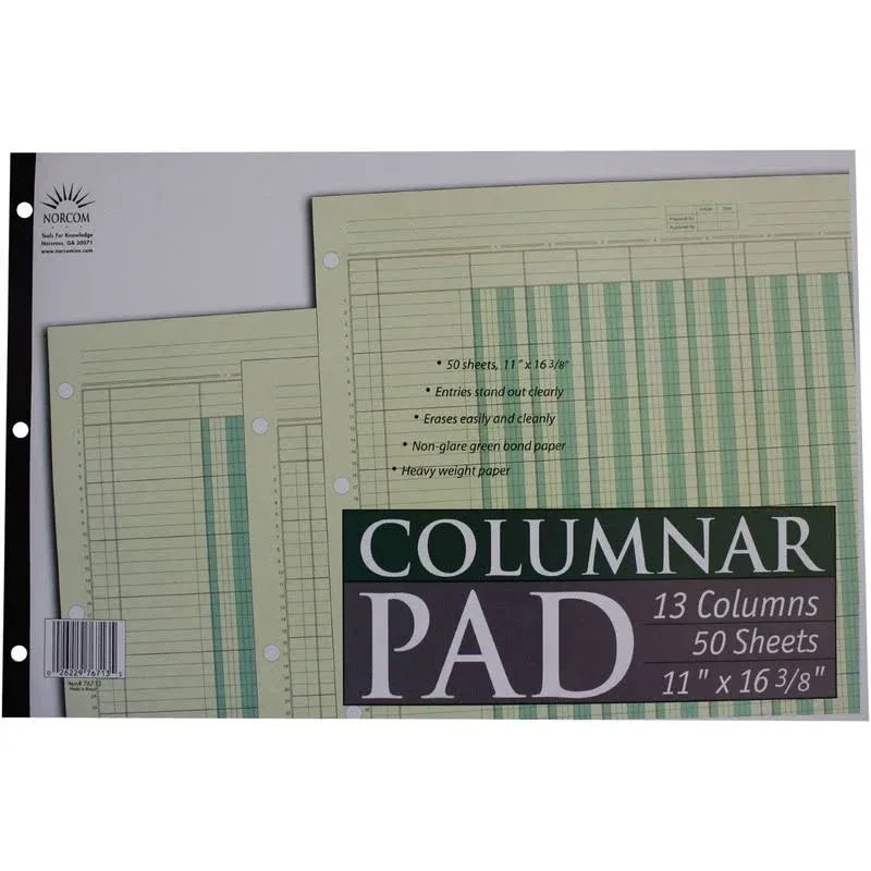 Norcom Columnar Pad 13 Columns, 11 x 16.375 Inches, 50-Sheets, Green (76713-10)