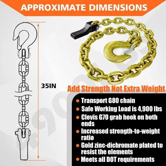 2-Pack Grade 80 Trailer Safety Chain 35 Inch with 5/16'' Clevis Snap Hook and Chain Retainer | 21,000 lbs Break Strength | Transport Chain for Towing