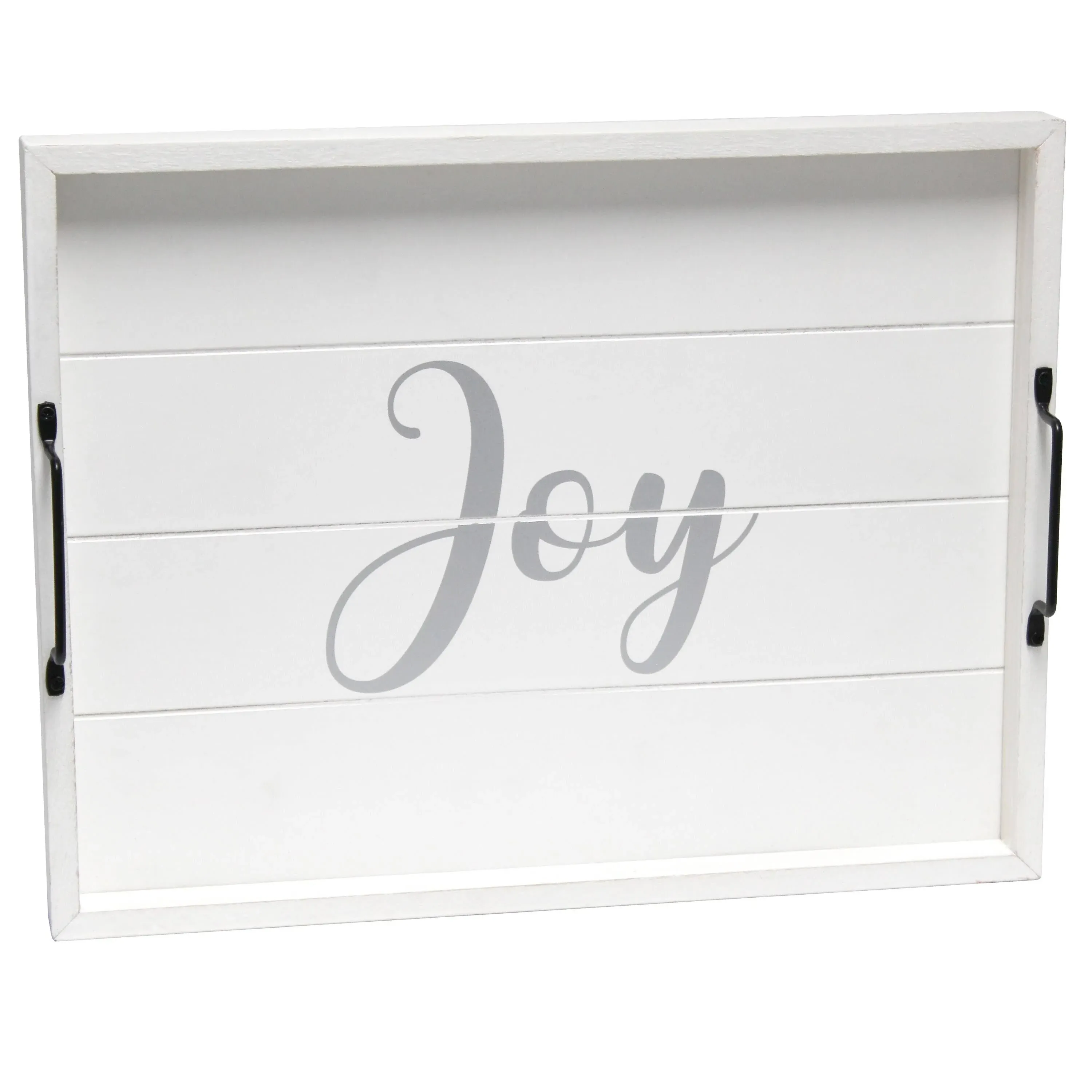 Elegant Designs, 15.50" x 12", Decorative Wood Serving Tray w/Handles, White Wash Joy (HG2000-WJY)