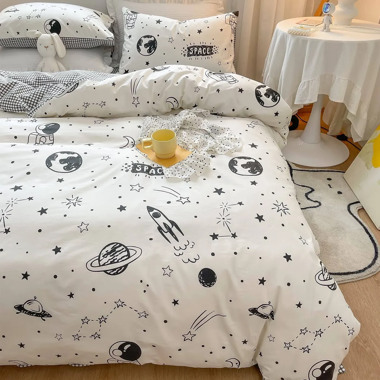 LIWHENHAO Space Duvet Cover Set 100% Cotton Twin Cartoon Rocket Astronaut Universe Planet Constellation Bedding 1 Black and White Comforter Cover 2 Pillowcases for Kids Girls Boys Teens