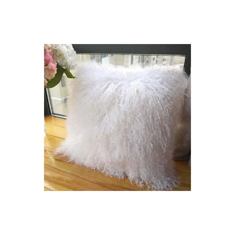 Real 100% Tibetan Mongolian Lamb Sheepskin Wool Fur Super Soft Plush Leather Pillowcase Cushion Cover,White 20x20inch