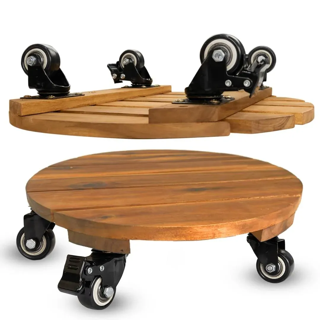  2pack Wood Plant Caddy With Wheels Heavy Duty, 264 Lbs 12 Inch Round Wood