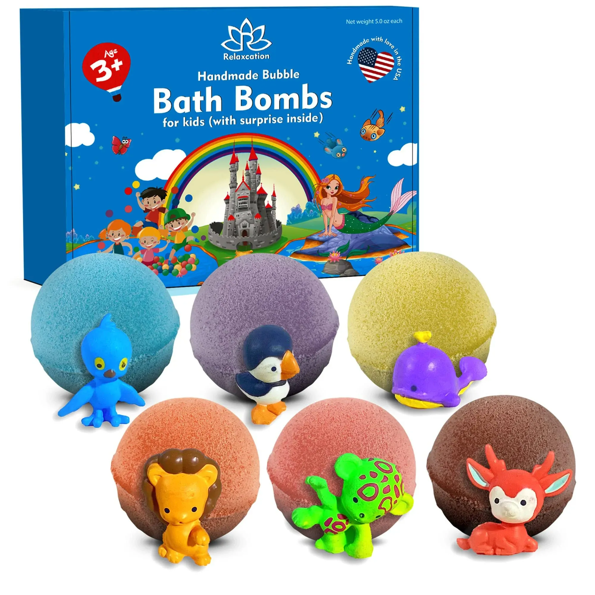 Bath Bombs with Funny Animals Toys Inside for Kids Surprise for Boys and Girls, Gentle & Kid Safe - 6 Organic Bubble Bath Fizzies Natural Oils, Gift Set with Fun Surprise - Handmade in USA