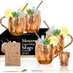 Handcrafted Copper Moscow Mule Mug Set with Accessories - 4 Mugs 4 Straws Spoon Shot Glass Brush