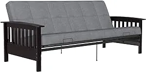 DHP Brixen Espresso Wood Arm Metal Futon Frame with 6-Inch Mattress, Full, Gray