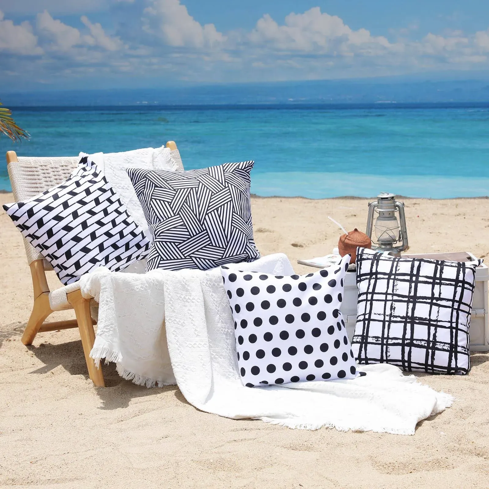 Snugtown 20 x 20 Inches Outdoor WaterproofThrow Pillow Covers, Outside Water Resistant Square Cushion Cases for Patio Lawn Balcony Couch Sofa, Pack of 4, Black and White