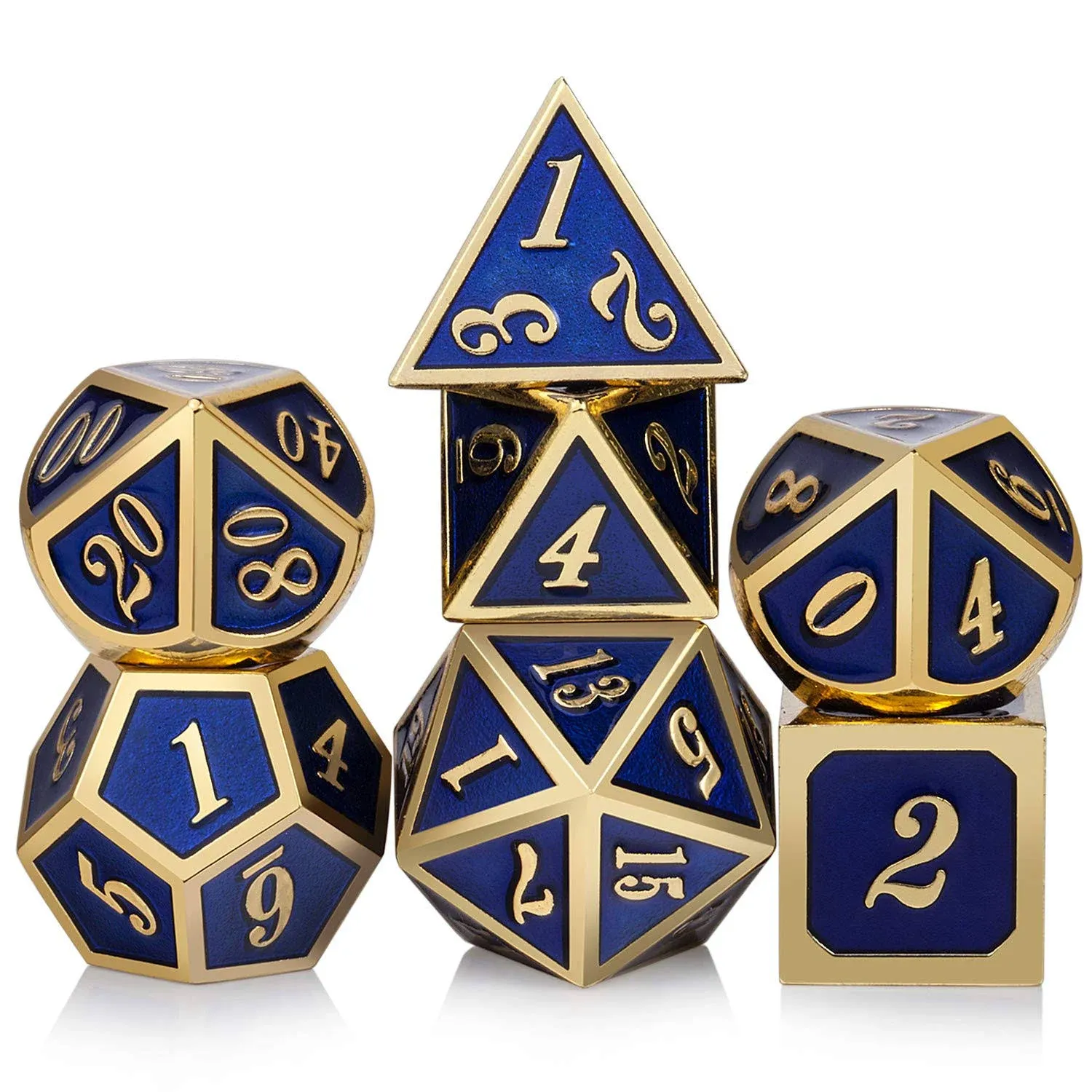 DnDnD Heavy Polyhedral Metal Dice Set with Metal Box, 7-die Shiny Blue Surface with Golden Number for RPG,Dungeons and Dragons,Pathfinder,Shadowrun,D&D,Role Palying Game and Math Teaching