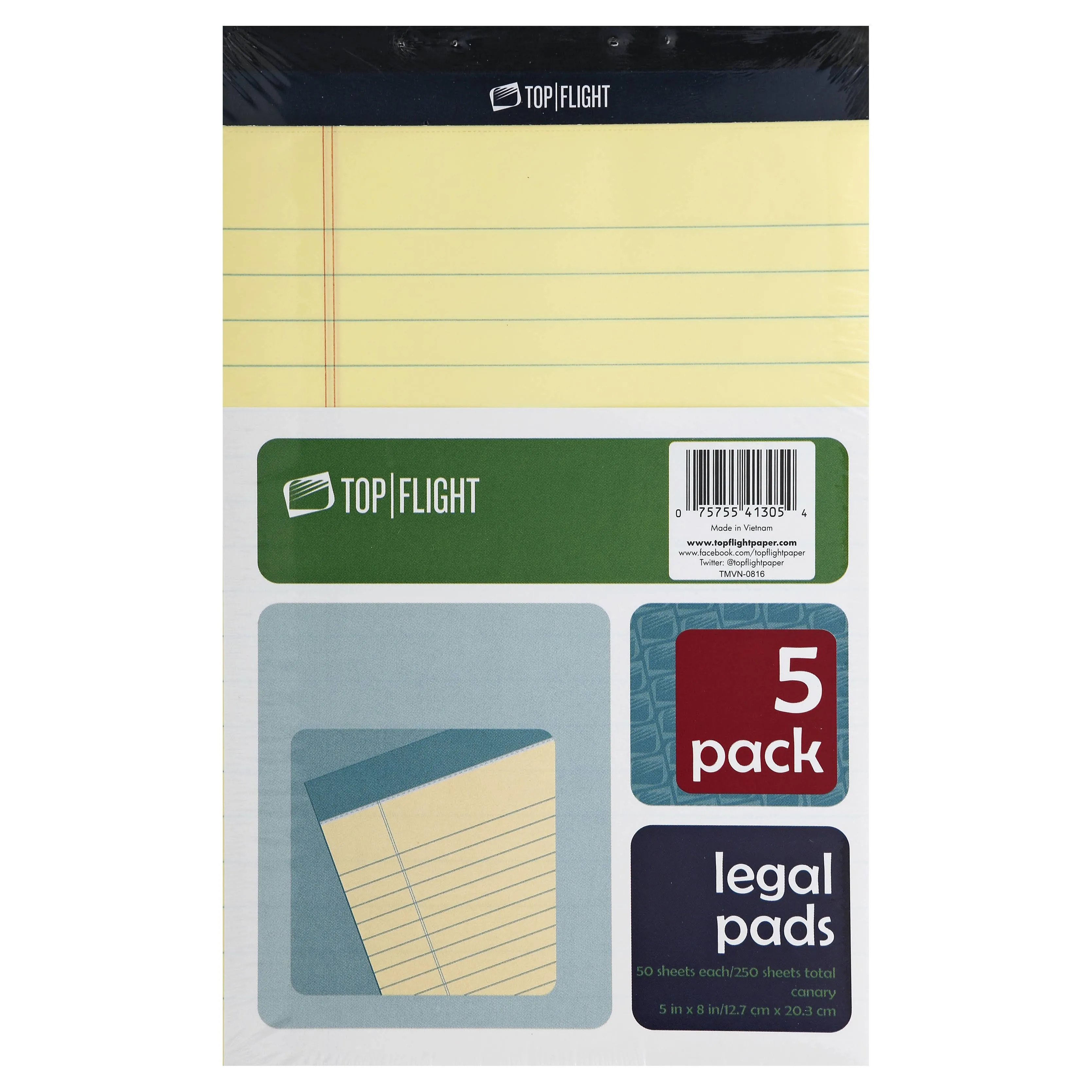 Top Flight Legal Pads, 5 x 8 Inches, 0.375 Inch Rule, Canary, 50 Sheets per Pad, 5 Pads per Pack (4513105)