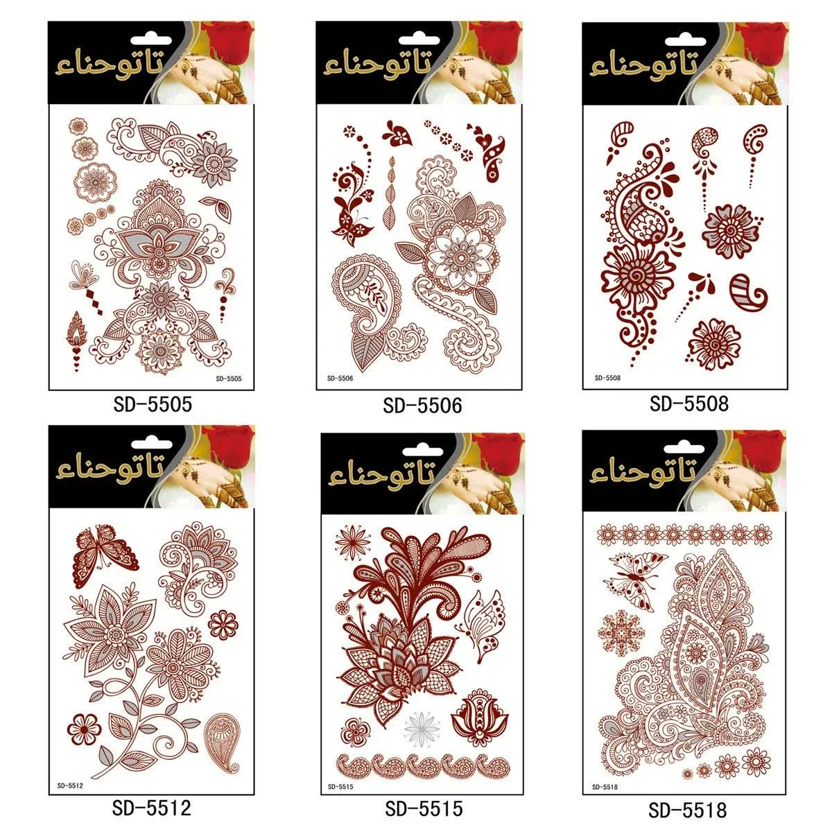 AHIER Henna Tattoo, 6 Sheets Henna Stickers, Waterproof Red Henna Tattoo Stickers ...