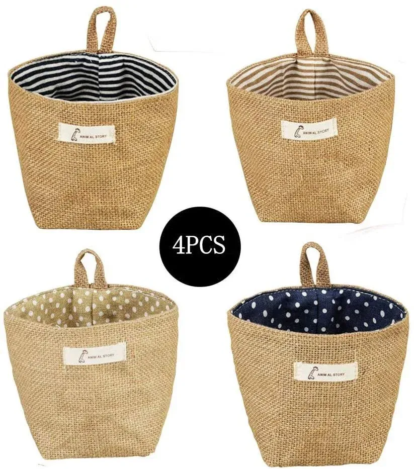 sansheng 4 Pack Wall Hanging Storage Bags Hanging Storage Bags Cotton Linen Storage Basket Foldable Wall Hanging Basket Family Organizer Box Decorative Bag (Color as Shown)3.93 * 3.93 * 5.31