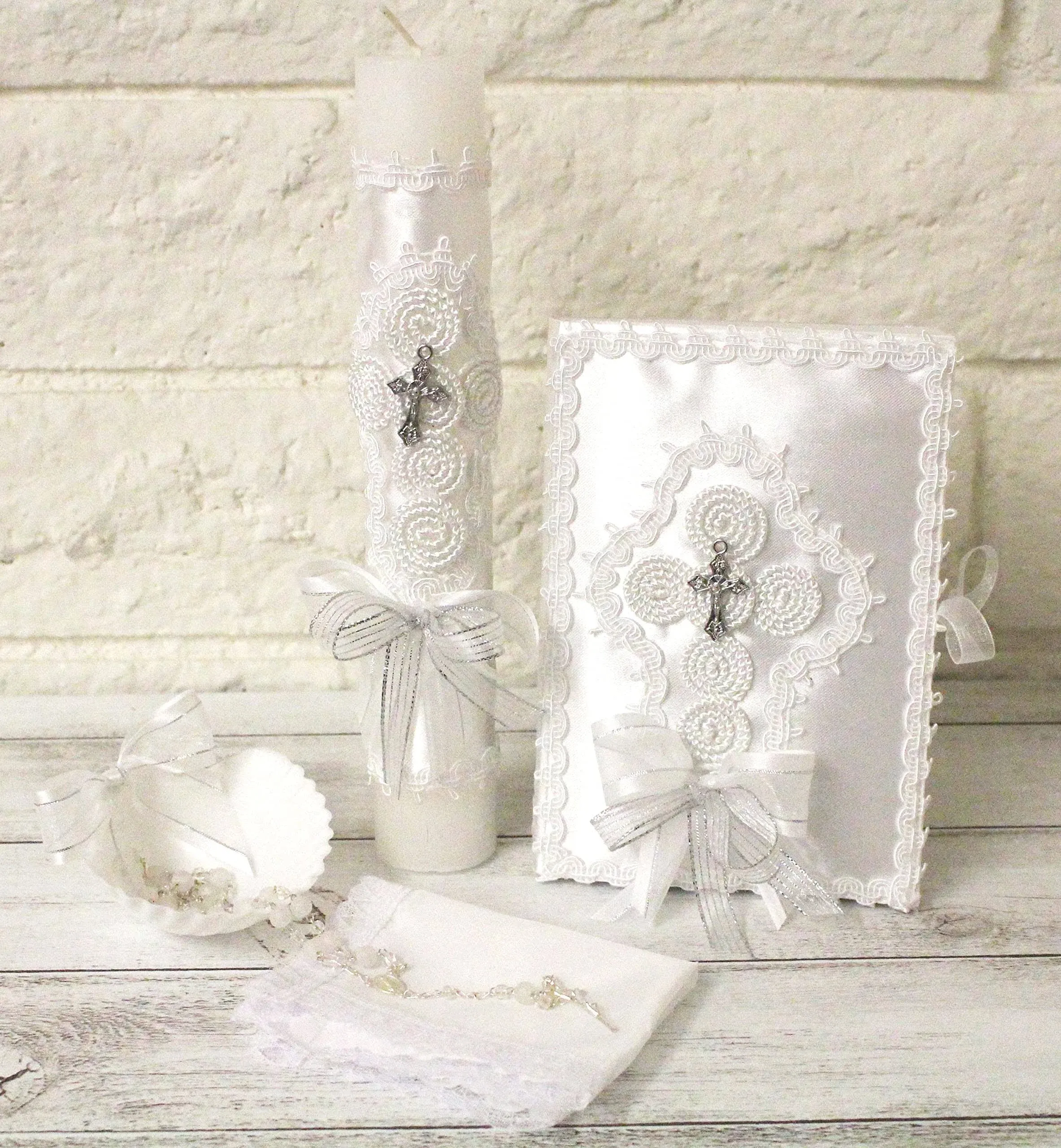 Elegant Handmade 5 Piece Silver Cross Embroider Lace Baptism Christening Shells Candle Set Favors Girl Boy White Set de Bautizo Espanol Nina Nino Baptism Communion Lace Gift Box