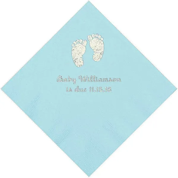 Light Blue Baby Feet Personalized Napkins with Silver Foil - 50 Pc. Beverage