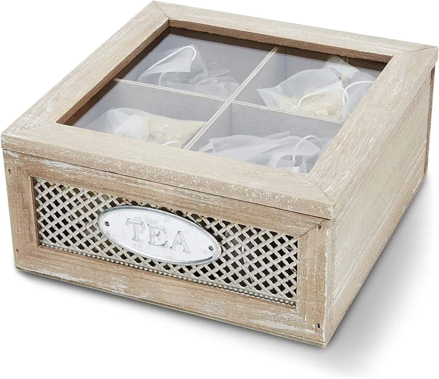 Wooden Box For Tea Bags Organizer 4-Compartment Container With Clear Lid 7X7X3