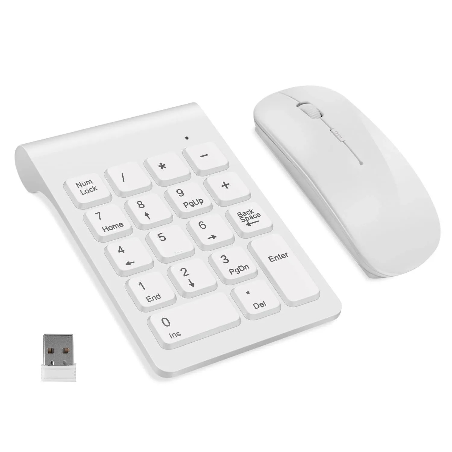 TRELC Wireless Numeric Keypad, Mini 2.4G 18 Keys Number Pad, Portable Silent Financial Accounting Numeric Keypad Keyboard Extensions with Wireless Mouse for Laptop, PC, Desktop, Notebook (White)