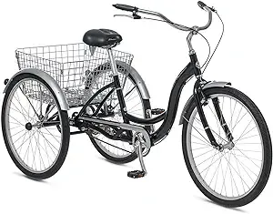 Schwinn Meridian Adult Tricycle Bike, Three Wheel Beach Cruiser, 24 & 26-Inch Wheels, Low Step-Through Aluminum Frame, Adjustable Handlebars, Large Cruiser Seat, Rear Folding Basket