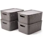 EZOWare Set of 4 Lidded Storage Bins, Large Plastic Stackable Weaving Wicker Organizing Basket Box Containers with Lid and Handl