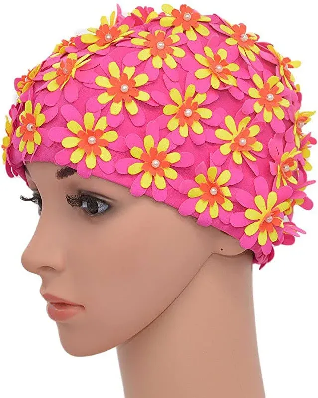 Medifier Swim Cap Floral Petal Retro Style Bathing Caps for Women