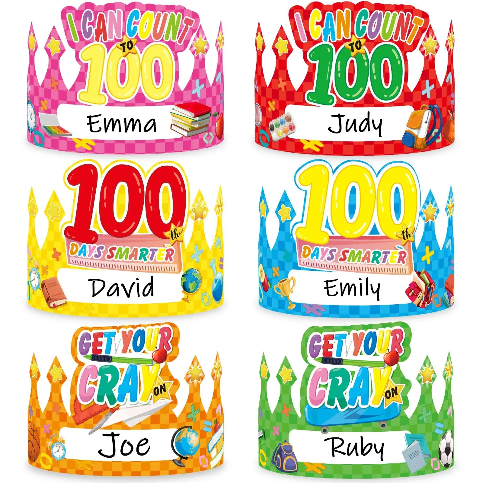 chiazllta 36 Pcs 100 Days Paper Crowns, Name DIY 100th Day of School Paper Party Hats 100 Days Celebration Party Favors Supplies for Classroom School Decor,6 Styles