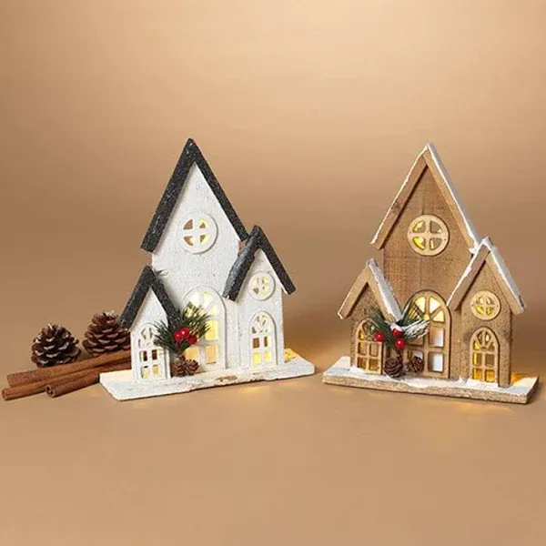 Gerson 10"H B/O Lighted Wood House With Pine & Berry Accent, 2 Assorted