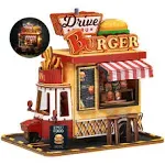 DIY Miniature House Kit, Wooden Tiny Burger Truck with Dust Cover 3D Crafts Set 