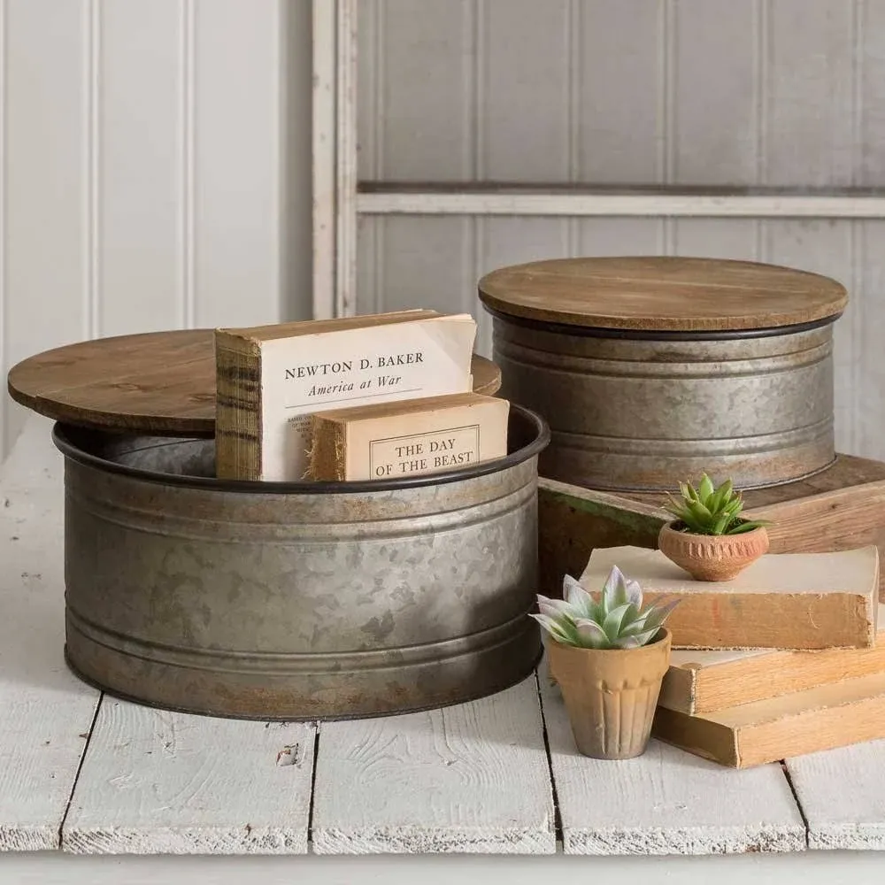 Rustic Metal Round Bins with Lids (set of 2)