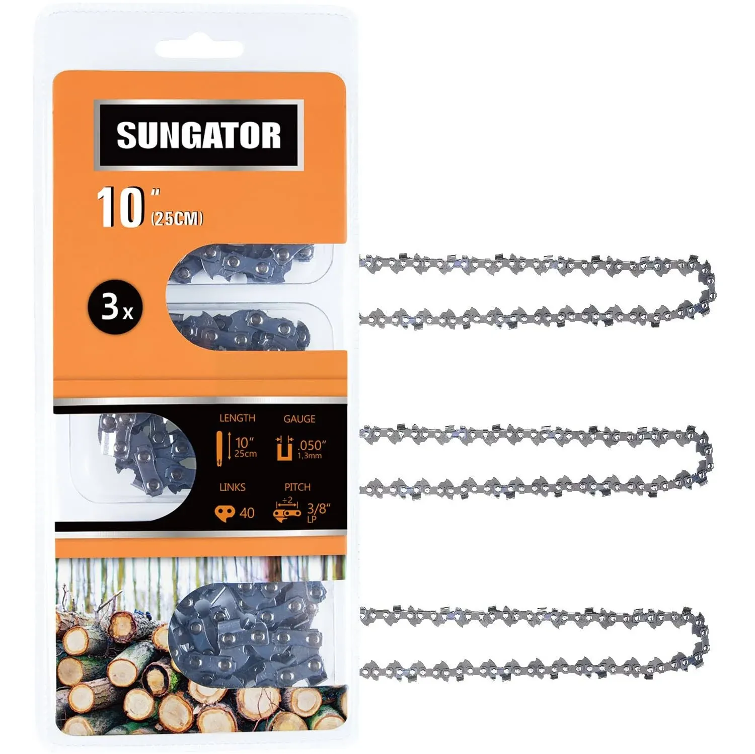 SUNGATOR 3-Pack 10 inch Chainsaw Chain SG-S40, 3/8" LP Pitch - .050" Gauge - 40 Drive Links, Compatible with Remington, Craftsman, Poulan, Worx