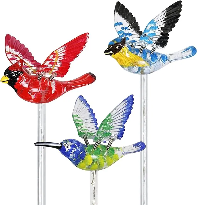 Exhart Solar WindyWing Garden Stake Set of Cardinal, Hummingbird and Blue Bird with Colored LED Lights, 4 by 27 inch