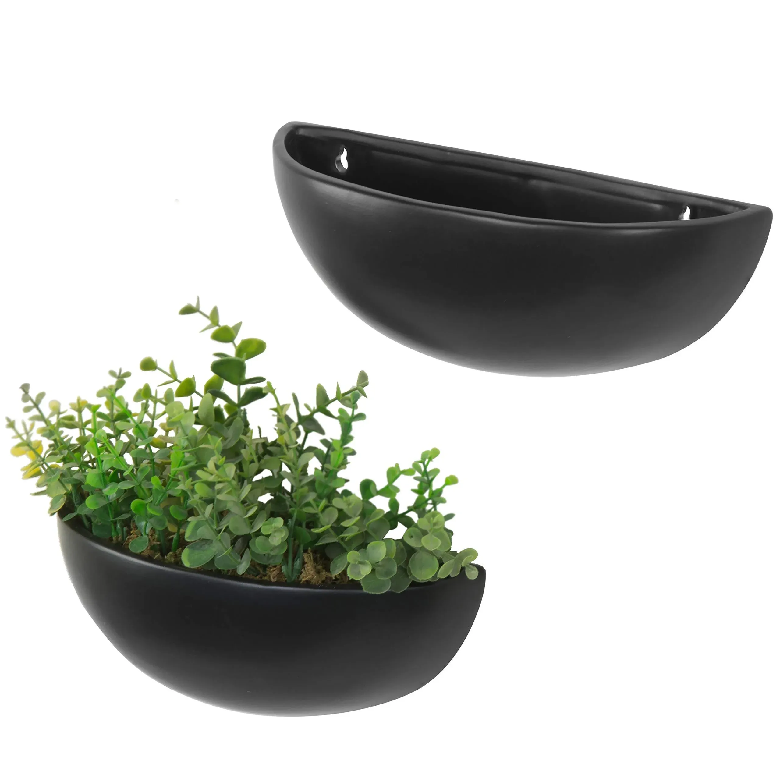 MyGift Matte Black Ceramic Indoor Wall Planter, 12 Inch Semi Circle Hanging Wall Vase, Set of 2