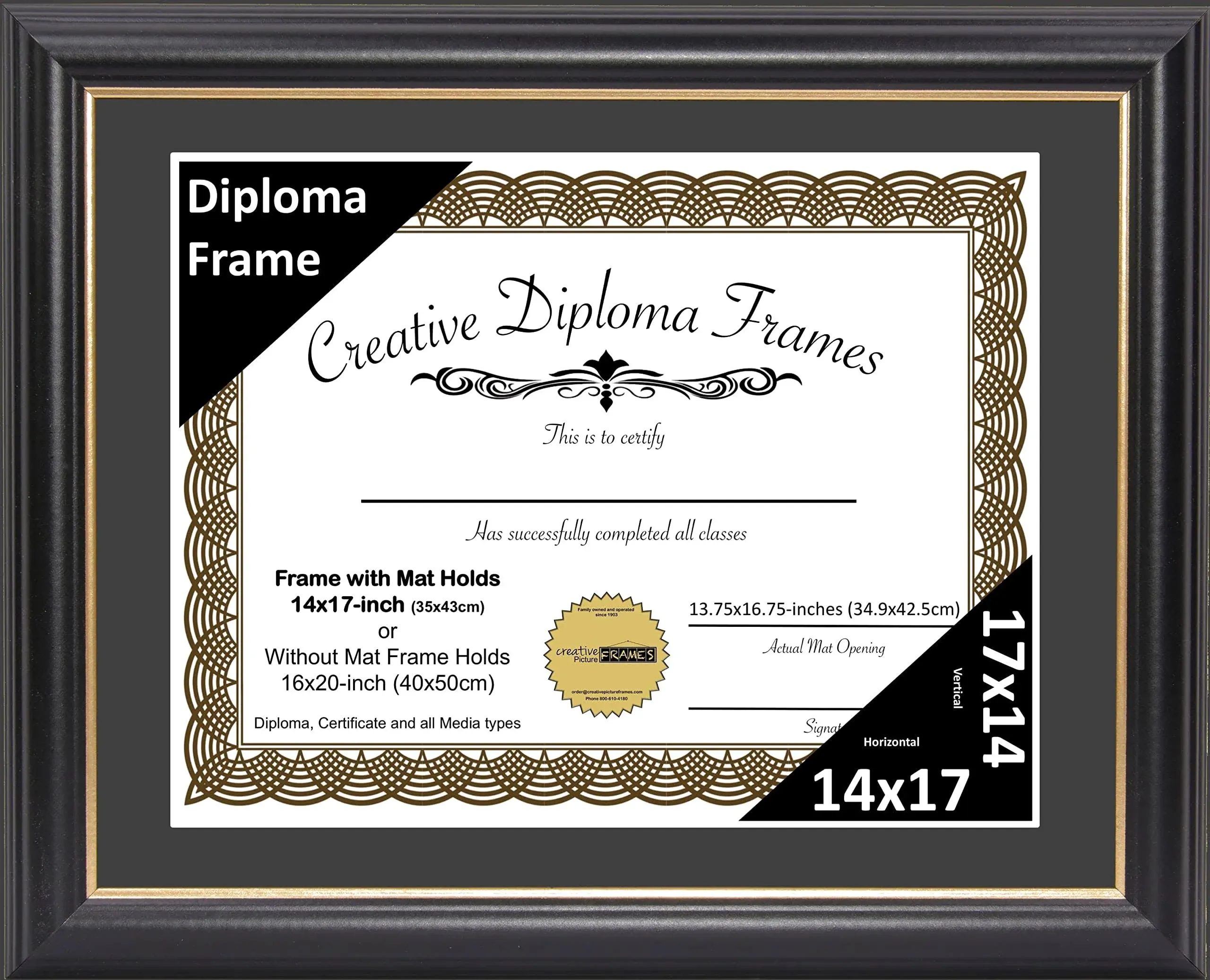 Creative Picture Frames - 14x17 Black Diploma Frame with Gold Lip, Black Mat Full Strength Glass & Installed Wall Hangers for School Graduation