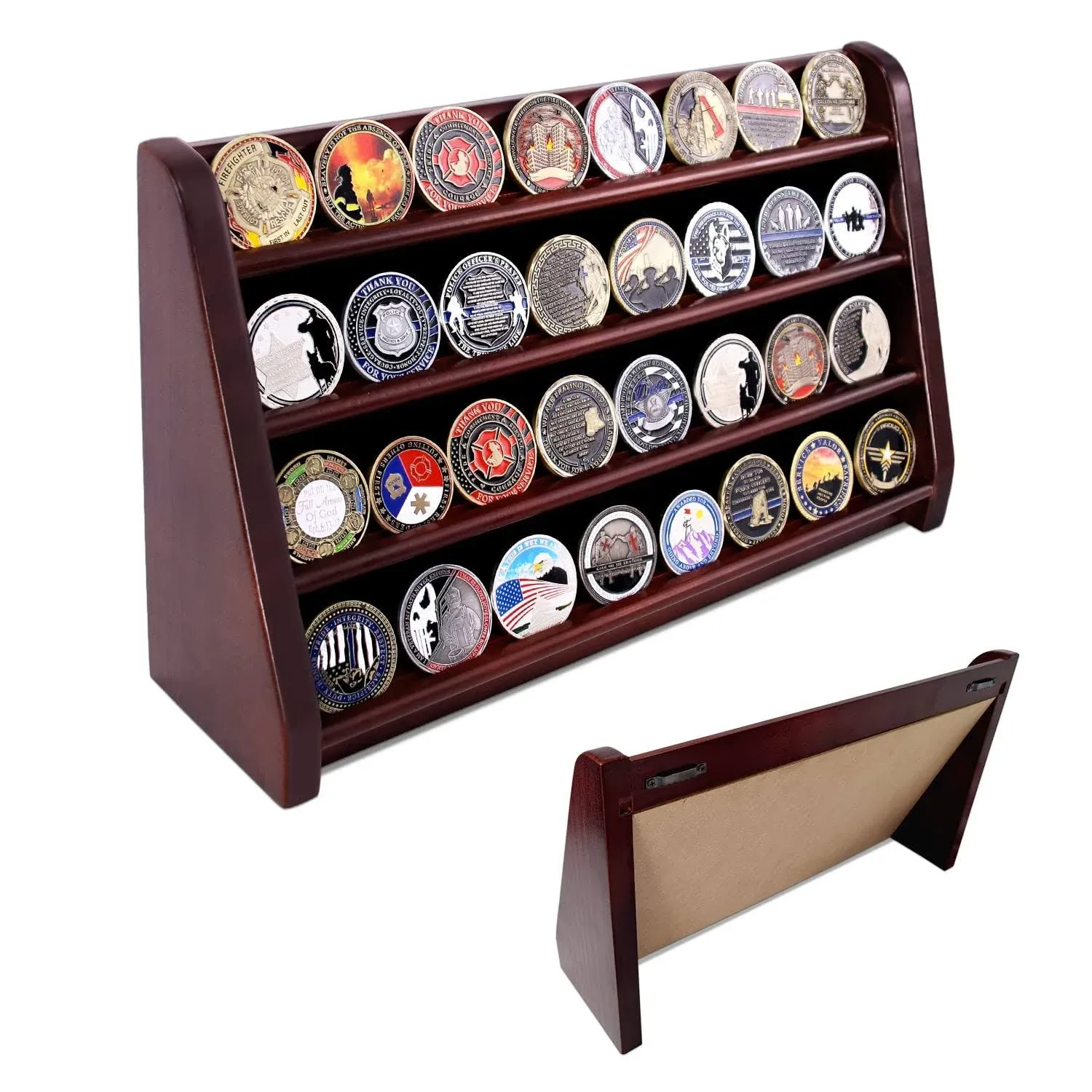 4 Rows Military Wooden Challenge Coin Display Case Wall Mountable Army Coin Holder Stand Rack, Holds 32 Coins, Mahogany