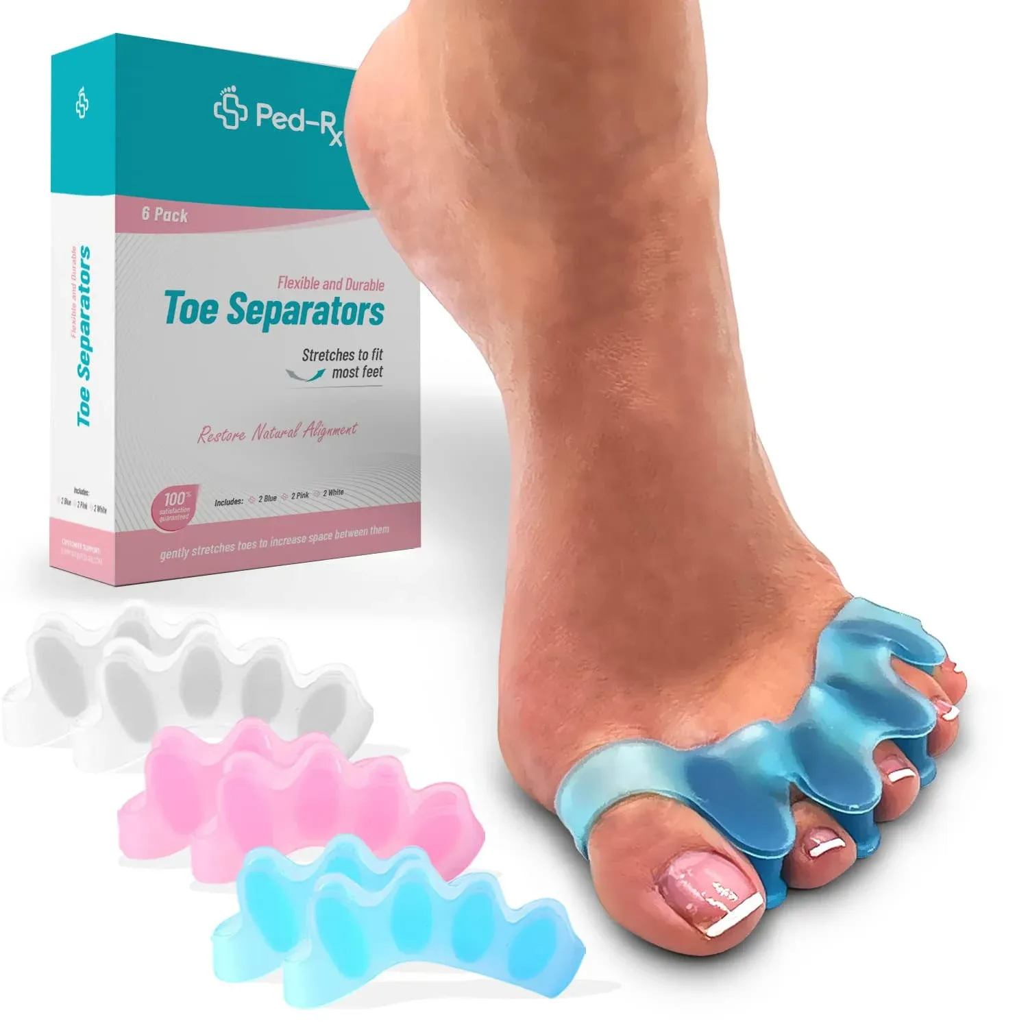 [3 pairs] Ped-Rx Toe Separators to Restore Natural Alignment - [Toe Spacers -Spreaders - Stretchers] - Universal Size - (Blue/Pink/White)