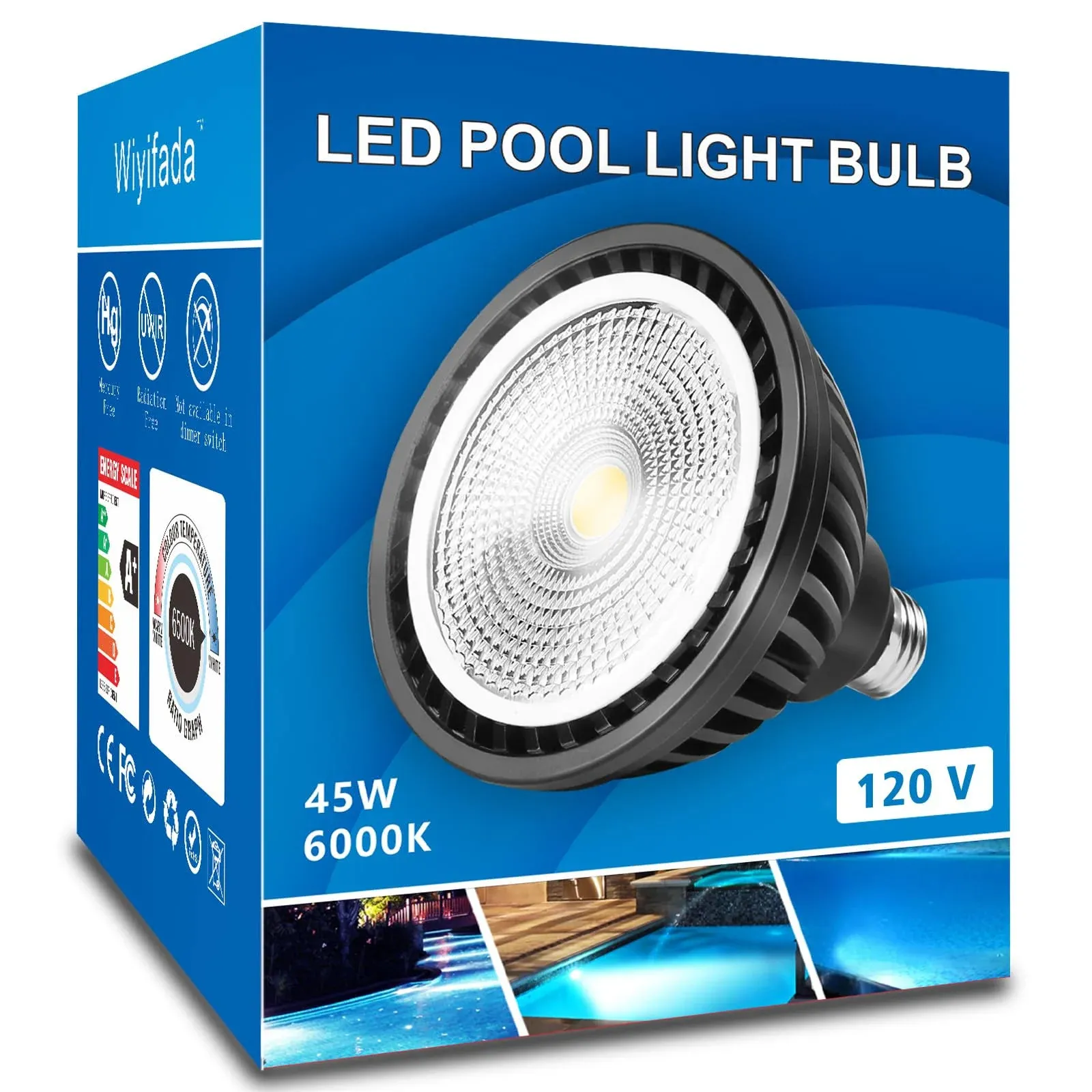 LED Pool Light Bulb,45W 120V 6000K Daylight White LED Swimming Pool Light Bulb,E26 Base Replaces Up to 200-600W Traditionnal Bulb - Non Dimmable