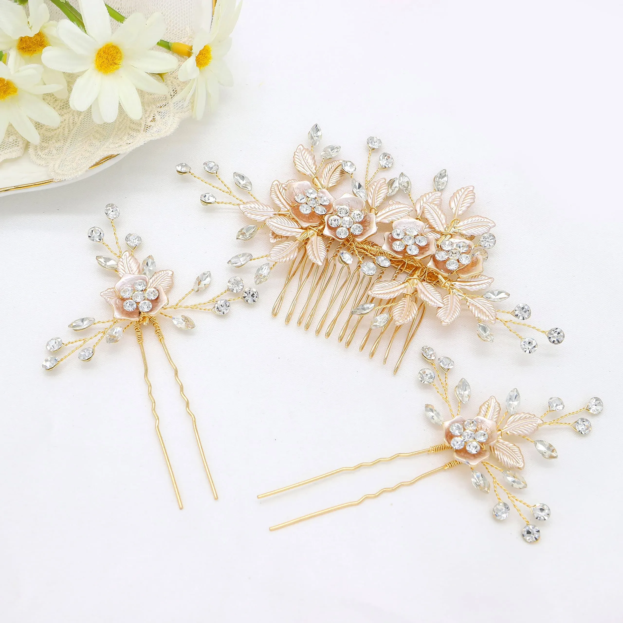 Oriamour Hair Side Combs With 2 Set Hair Pins Bridal Hair Accessories Wedding Headpiece Set (Gold)