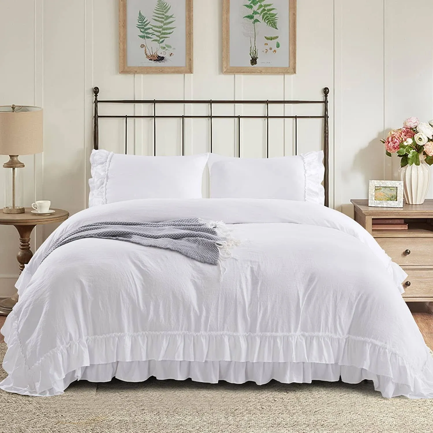 HIG 3 Piece Chic King Ruffle Duvet Cover Off White Handmade Rustic Ruffle - 100 Pre-Washed Microfiber Bedding Natural Wrinkle & Breathable Zipper Closure & Corner Ties (Hans), Hans-Off White