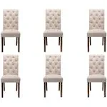 COLAMY Button Tufted Dining Chairs Set of 6, Accent Parsons Diner Chair Upholstered Fabric Dining Room Chairs Stylish Kitchen Chairs with Solid Wood Legs and Padded Seat - Dark Beige