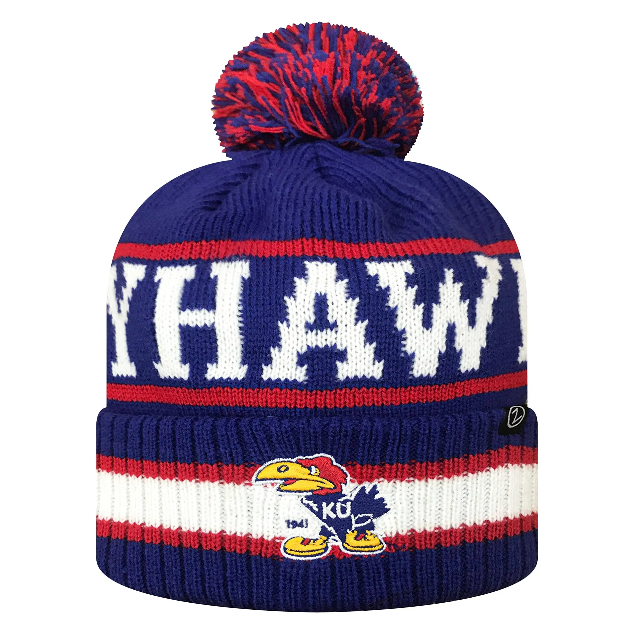 Zephyr NCAA Team Color-Retro Logo -Cuffed Knit Skully Beanie Pom Hat-Kansas Jayhawks-One Size Fits Most