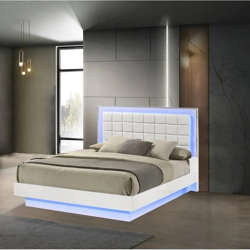 Best Quality Furniture White Wood Lacquer Platform Size Bedroom Set with Blue LED Lighting