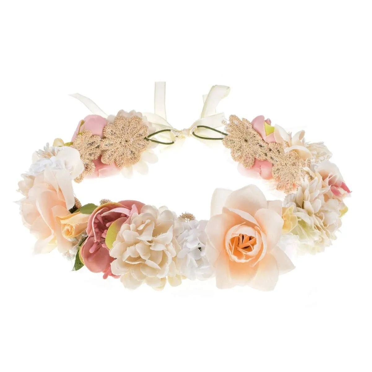 Bridal Flower Crown Hair Wreath Leave Flower Headdress Women Floral Garland Headpiece Wedding Festival Party (Beige)