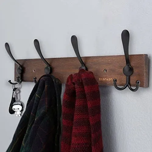 Coat Rack Wall Mount 4 Metal Hooks Wooden Heavy Duty Wall Entryway Hanging Co...