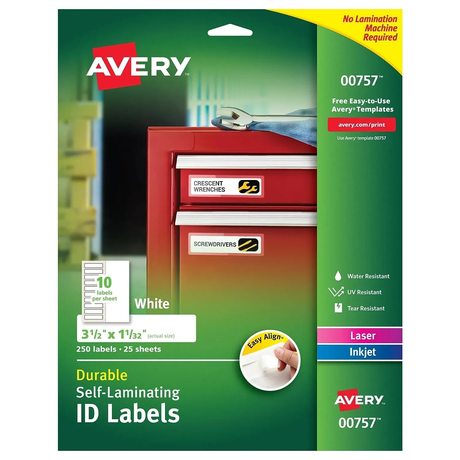 Avery 00757 Easy Align Self-Laminating ID Labels, Laser/Inkjet, 1 1/32 x 3 1/2, White (Pack of 250)