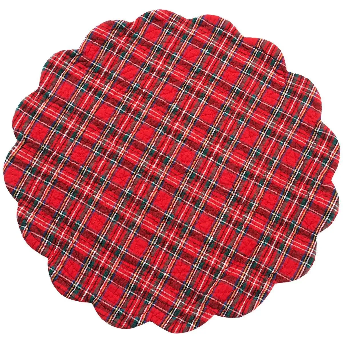 C&F Home Red Plaid Round Cotton Quilted Reversible Machine Washable Placemat Single 17x17 Red