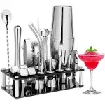 KINGROW Cocktail Shaker Set 23-Piece Boston Stainless Steel Bartender Kit with Acrylic Stand & Cocktail Recipes Booklet Professional Bar Tools for