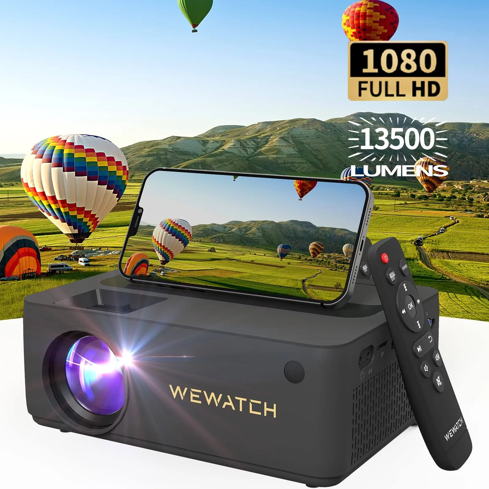 WEWATCH Mini Projector, Bluetooth Projector Native 1080P Full HD, 13500L Portable Outdoor Movie Projector, Home Theater Video Projector Compatible with TV Stick,Smartphone,Laptop,PS5,HDMI,USB,AV,VGA