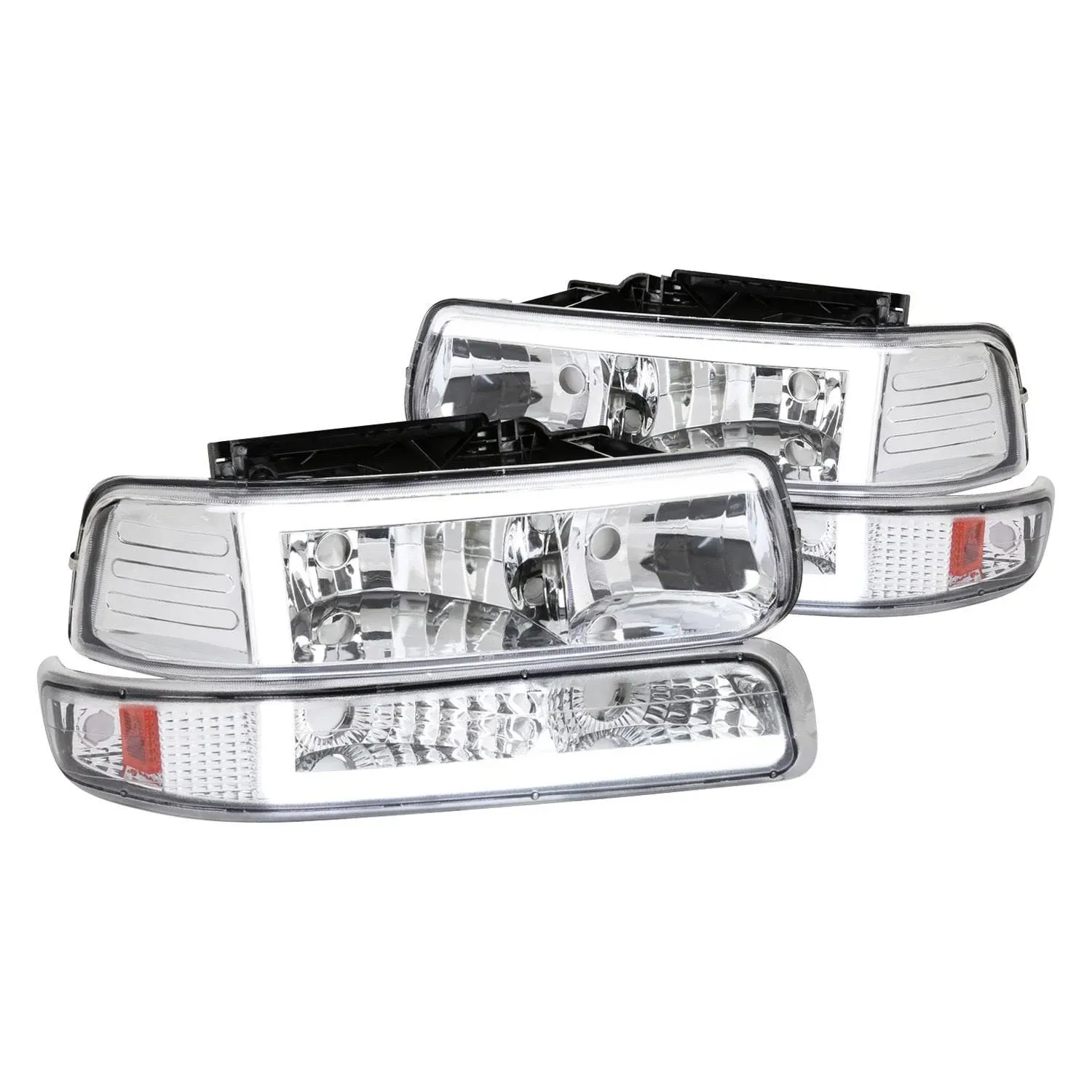 Spec-D Tuning LED Bar Chrome Housing Clear Lens Headlights + Bumper Lights 4PC Compatible with 1999-2002 Chevy Silverado 2000-2006 Tahoe Suburban Left + Right Pair Headlamps Assembly