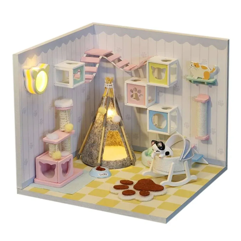 WYD DIY Dollhouse Miniature Kit with Furniture and Dust Cover Wooden Mini Dollhouse Kit (Pet Room) Best for Children and Adults