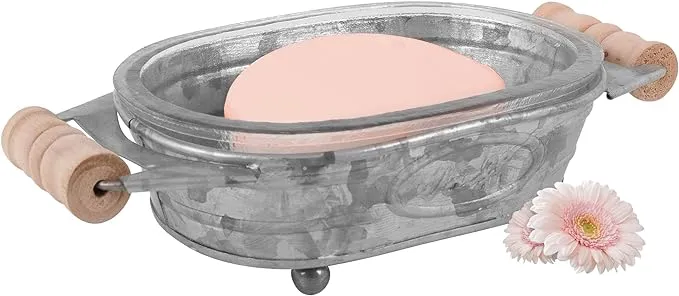 Autumn Alley Galvanized Farmhouse Soap Dish for Bathroom – Fun Kitchen Soap Tray – Farmhouse Bathroom Accessories – Rustic Soap Dish – Wooden Handles Add Vintage Appeal – Cute Bathtub Decor